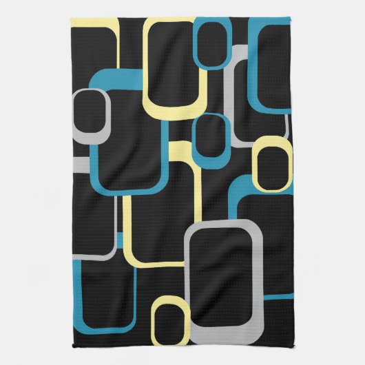 Retro Squares Pattern Yellow Blue Grey Black Theedoek (Verticaal)