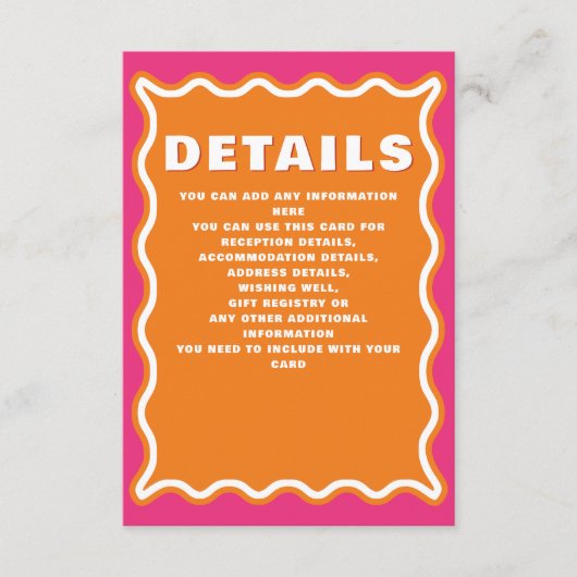 Retro Squiggle Wavy Curve Pink Oranje Weddenschap Informatiekaartje (Voorkant)