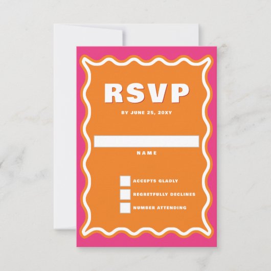 Retro Squiggle Wavy Curve Pink Oranje Weddenschap RSVP Kaartje (Voorkant)