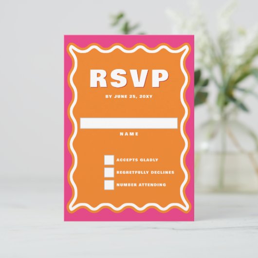Retro Squiggle Wavy Curve Pink Oranje Weddenschap RSVP Kaartje (Staand voorkant)