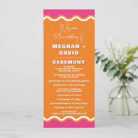Retro Squiggle Wavy Pink Oranje Weddenschap Programmakaart (Staand voorkant)