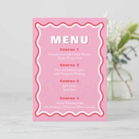 Retro Squiggle Wavy Pink Red Weduwmenu Menu (Staand voorkant)