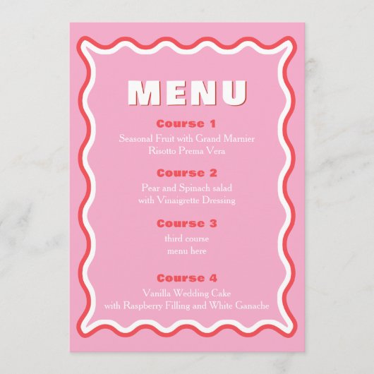 Retro Squiggle Wavy Pink Red Weduwmenu Menu (Voorkant)