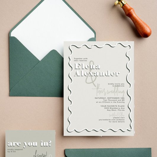 Retro Squiggly Wavy Green Taupe Wedding Kaart