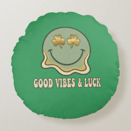 Retro St. Patrick's Day Good Vibes & Luck Smiley  Rond Kussen