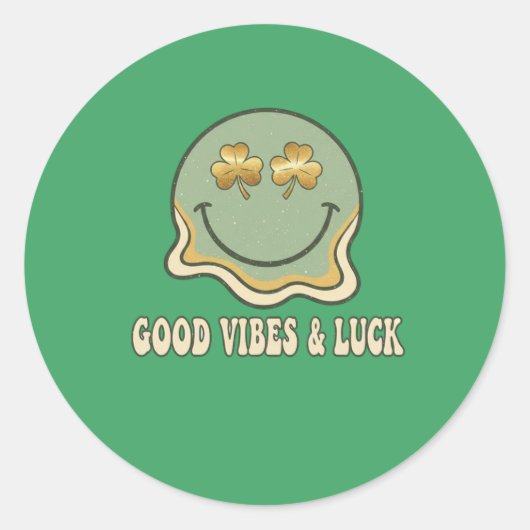 Retro St. Patrick's Day Good Vibes & Luck Smiley Ronde Sticker (Voorkant)
