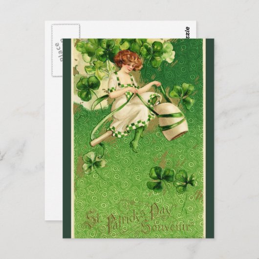 Retro St. Patrick's Day Ierse vrouw en Shamrocks Briefkaart (Voorkant / Achterkant)