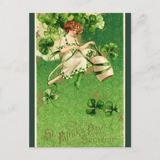 Retro St. Patrick's Day Ierse vrouw en Shamrocks Briefkaart (Voorkant)