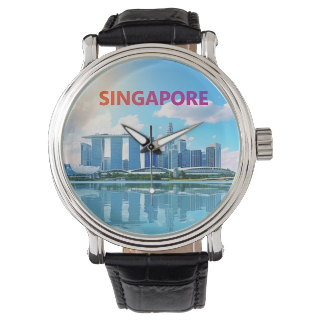 Retro stadsgezicht van Singapore Horloge (Voorkant)