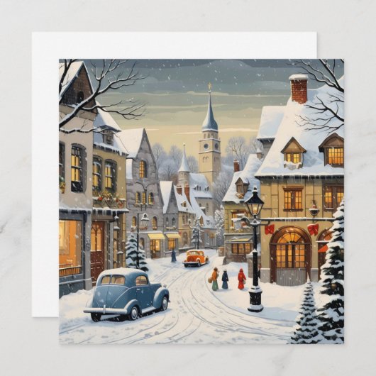 Retro stadslandschap in de winter feestdagenkaart (Voorkant / Achterkant)