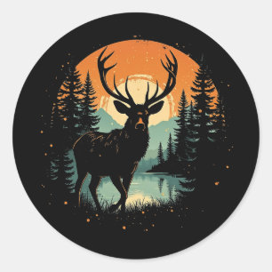 Retro Stag Sunset Forest Silhouette Ronde Sticker