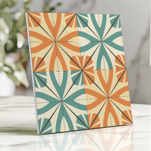 Retro Starburst Design in Blauwgroen en Terracotta Tegeltje