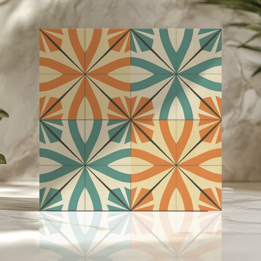Retro Starburst Design in Blauwgroen en Terracotta Tegeltje
