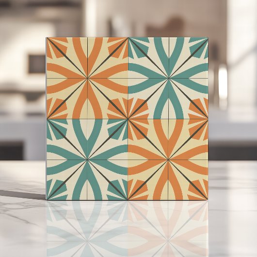 Retro Starburst Design in Blauwgroen en Terracotta Tegeltje