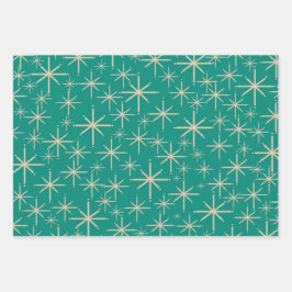 Retro Starbursts in Mid Mod Beige, Oranje, Blauwgr Inpakpapier Vel