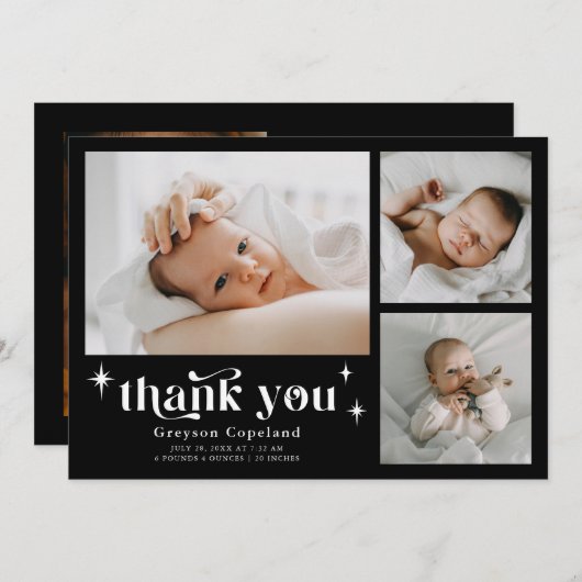 Retro Stars Boy Zwart Geboorte Aankondiging Kaart (Voorkant / Achterkant)