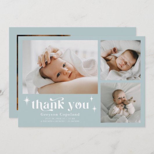 Retro Stars Jongen Blauw Geboorte Aankondiging Kaa (Voorkant / Achterkant)