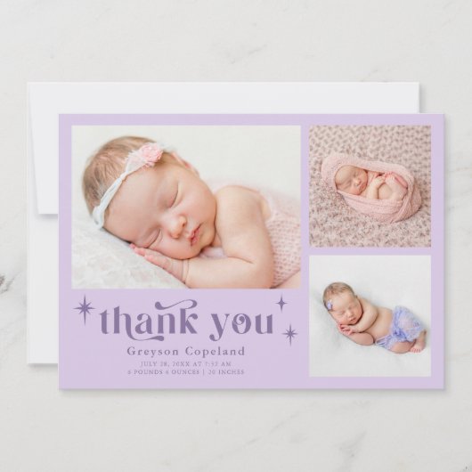 Retro Stars Jongen Paarse Geboorte Aankondiging (Voorkant)