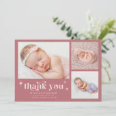 Retro Stars Jongen Stoffig Roze Geboorte Aankondig Aankondiging (Staand voorkant)