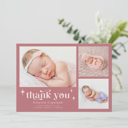 Retro Stars Jongen Stoffig Roze Geboorte Aankondig Aankondiging (Staand voorkant)