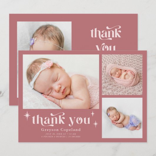 Retro Stars Jongen Stoffig Roze Geboorte Aankondig Aankondiging (Voorkant / Achterkant)