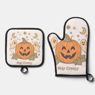 Retro Stay Griezelige Pompoen & Schattige Geesten Ovenwant & Pannenlap Set