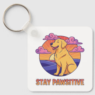 Retro Stay Pawsitive Golden Retriever Zonsondergan Sleutelhanger