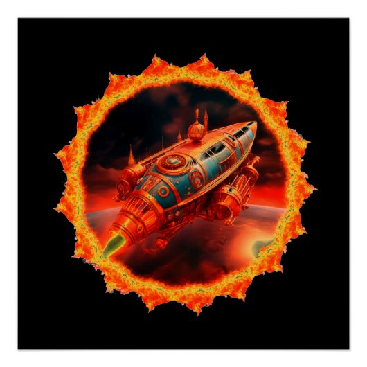 Retro Steampunk Maanraket Perfect Poster (Voorkant)