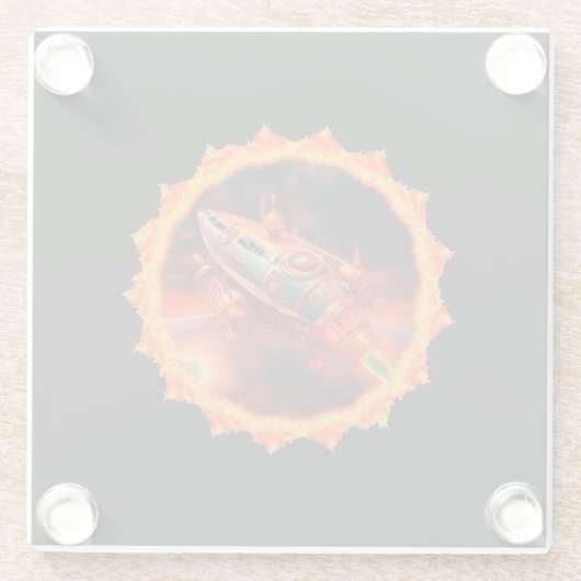 Retro Steampunk Moon Rocket Glazen Onderzetter (Achterkant)