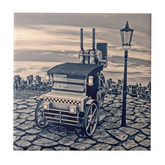 Retro Steampunk Taxi Cab Stadskunst Tegeltje (Voorkant)