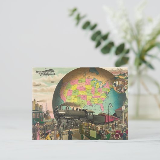 Retro Steampunk World Wereldbol Transport Briefkaart (Staand voorkant)