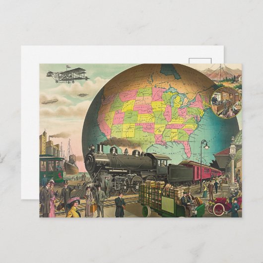 Retro Steampunk World Wereldbol Transport Briefkaart (Voorkant / Achterkant)