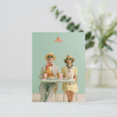 Retro stel dat dineert met kip en hond briefkaart (Staand voorkant)