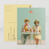 Retro stel dat dineert met kip en hond briefkaart (Voorkant / Achterkant)