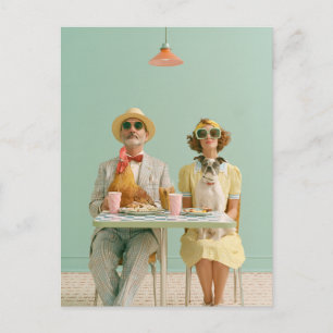 Retro stel dat dineert met kip en hond briefkaart