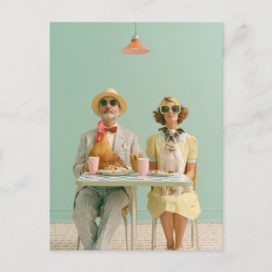 Retro stel dat dineert met kip en hond briefkaart (Voorkant)