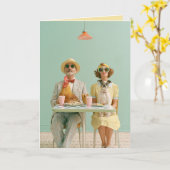 Retro stel dat dineert met kip en hond kaart (Gele Bloem)