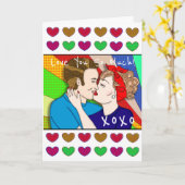 Retro stel zoenend Valentijnsdag Pop Art stijl Kaart (Gele Bloem)