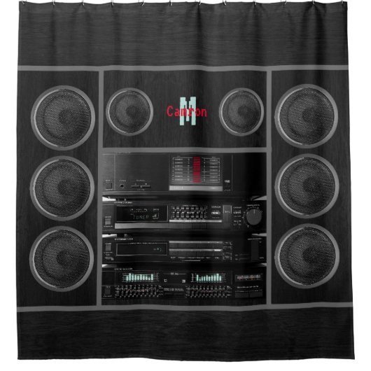 Retro Stereo System Black Douchegordijn (Voorkant)