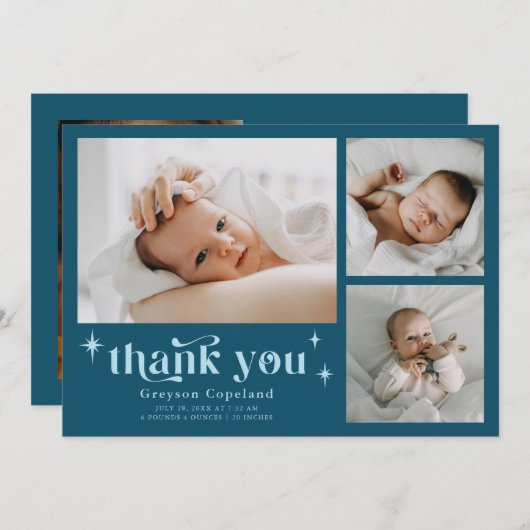 Retro Sterren Jongen Blauwgroen Geboorte Aankondig Aankondiging (Voorkant / Achterkant)