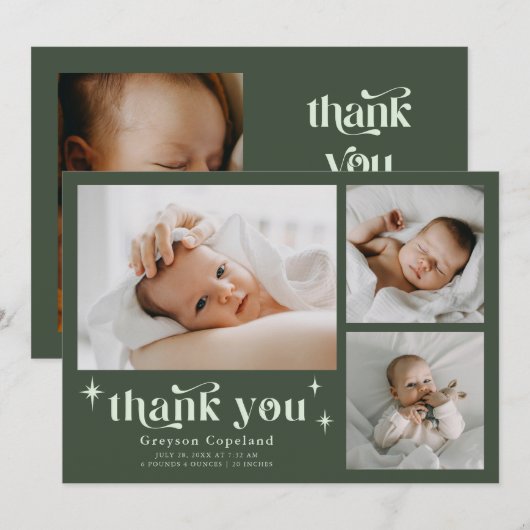 Retro Sterren Jongen Bos Groene Geboorte Aankondig Aankondiging (Voorkant / Achterkant)