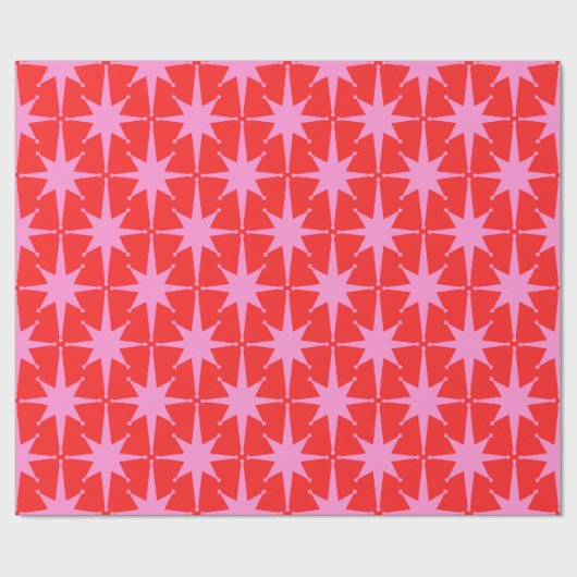 Retro Sterren Mid Century Roze en Rood Patroon Cadeaupapier (Vlak)