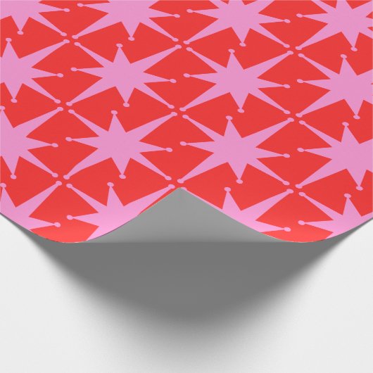 Retro Sterren Mid Century Roze en Rood Patroon Cadeaupapier (Hoek)