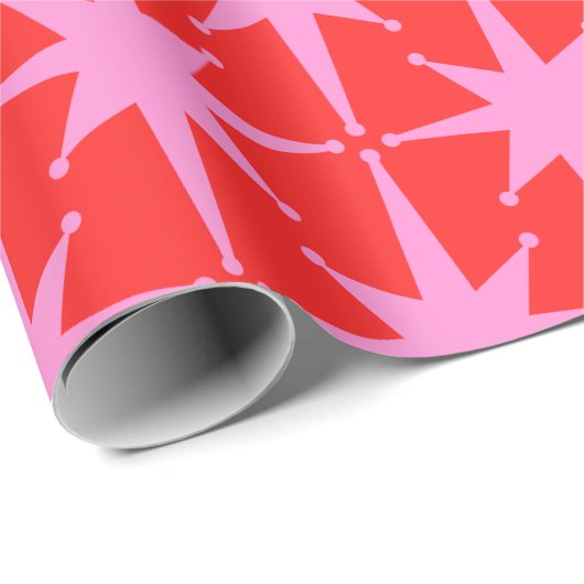 Retro Sterren Mid Century Roze en Rood Patroon Cadeaupapier (Rol Hoek)