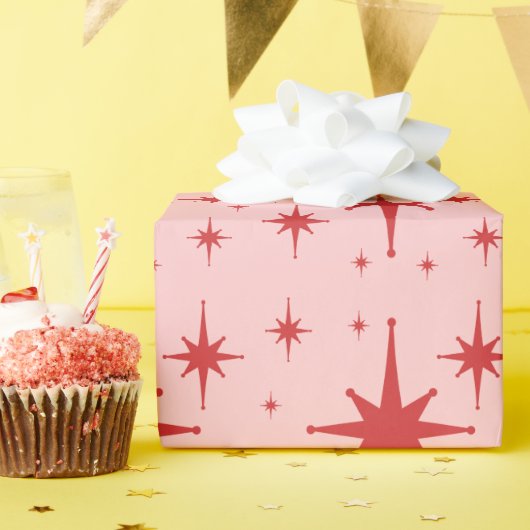 Retro  sterren Roze en Rood Cadeaupapier (Verjaardagsfeest)