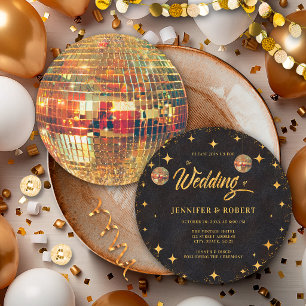 Retro Sterren Zwart Goud Glitter Disco Bal Bruilof Kaart