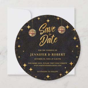 Retro Sterren Zwart Goud Glitter Disco Bal Huwelij Save The Date