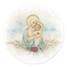 Retro sticker Madonna met kind bloemen katholiek
