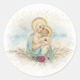 Retro sticker Madonna met kind bloemen katholiek
