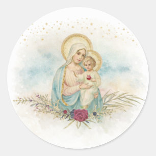 Retro sticker Madonna met kind bloemen katholiek